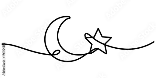 Continuous one line drawing of a crescent moon and star on a white background. Vector, illustration