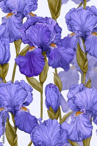 Purple iris flowers creating a seamless botanical pattern