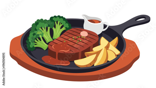 Savory grilled beef steak served on a hot sizzling cast iron skillet with broccoli, potato wedges, and a small ceramic gravy boat.