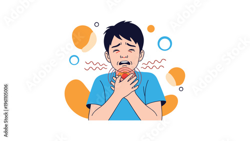 Young boy showing signs of a sore throat while holding his neck in pain with concentric rings indicating irritation.