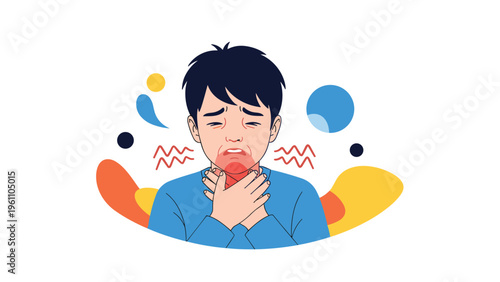 Illustration of a young boy holding his neck in pain with a red sore throat area against a decorative background.