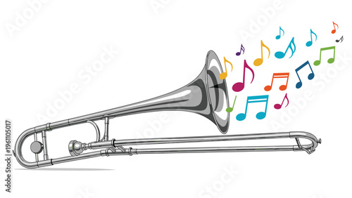 Detailed silver trombone musical instrument with a cascade of colorful musical notes flowing from the bell on a white background.