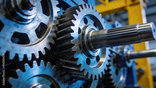 Close-up of metallic gears in a machine. The gears are interlocked and show detailed textures. The setting is industrial with a blue and yellow color scheme.