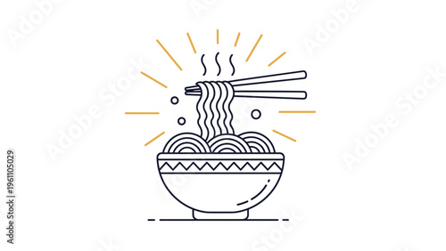 Minimalist line art illustration of a steaming bowl of ramen noodles with chopsticks on a clean white background.