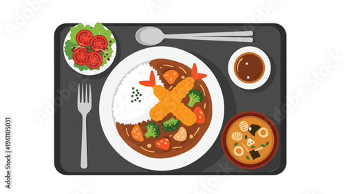 Traditional Japanese curry rice set meal with tempura shrimp salad soup and a side dish served on a black tray.