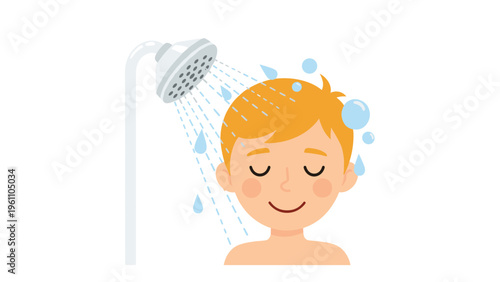 Cartoon character of a young boy with blond hair enjoying a refreshing shower with water pouring from a shower head.