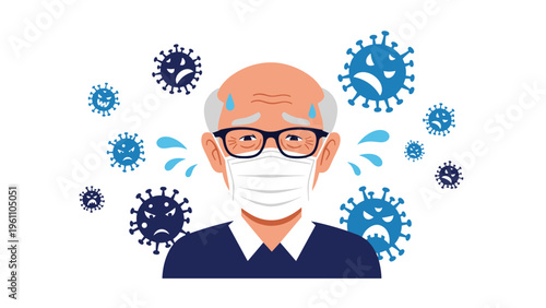 Worried elderly man wearing a protective face mask surrounded by virus particles symbolizing health concern during a pandemic.