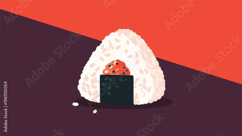 Traditional Japanese onigiri rice ball with a filling and seaweed wrap set against a red and purple background.