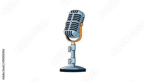 Classic vintage silver microphone mounted on a stand for music recording and performance on a white background.