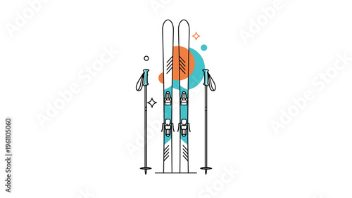 Pair of modern skis and poles for winter sports and recreation presented as a clean minimalist vector illustration.