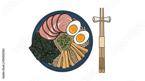 Appetizing bowl of ramen noodles topped with pork slices eggs seaweed and green onions viewed from above on white background.