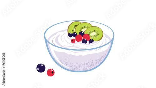 Healthy bowl of greek yogurt topped with fresh kiwi slices raspberries and blueberries on a white background.