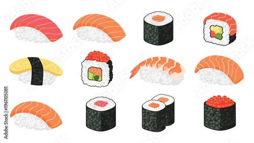 Assorted collection of delicious japanese sushi pieces including nigiri maki rolls and gunkan on a white background.