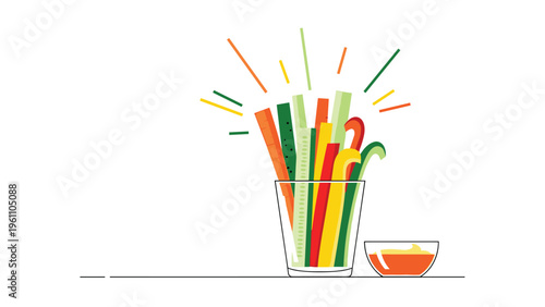 Healthy snack of colorful vegetable sticks including carrots cucumbers and peppers in a glass with a side of dip.