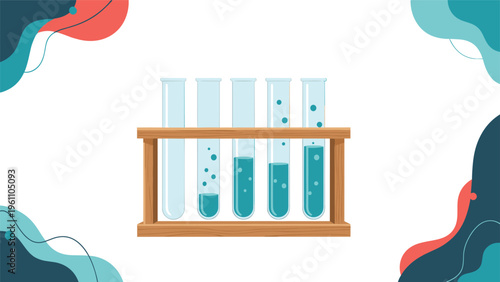 Set of laboratory test tubes in a wooden rack containing different levels of blue liquid for scientific experiments.