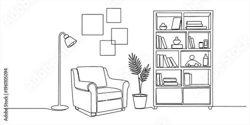 Continuous line drawing of a cozy living room with an armchair, floor lamp, and bookshelf Vector, illustration