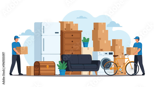 Professional moving service with workers loading furniture appliances and boxes for relocation on a white background.