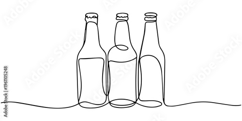 Line art illustration of empty beer bottles standing upright and tilted, minimalist continuous one line drawing of alcoholic drink containers.
