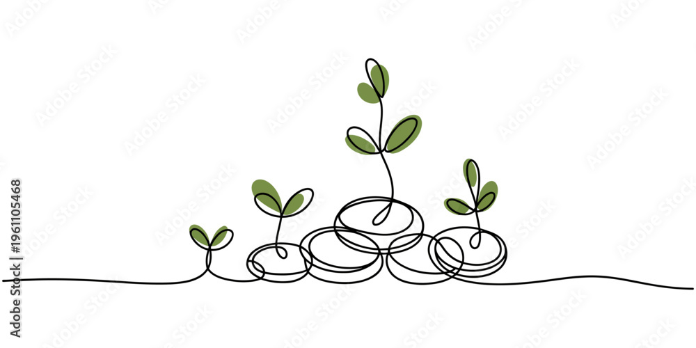 Obraz premium Stacks of coins with plant sprouts on continuous line