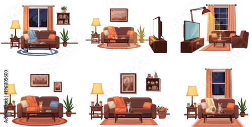 Cozy Living Room Interior Illustration Set with Sofa, Lamp, Coffee Table, Window, Plants, and Home Furniture Vector Collection