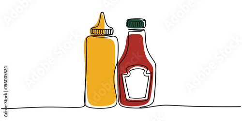 Bottles of condiments grouped on continuous line background. no editable strokes