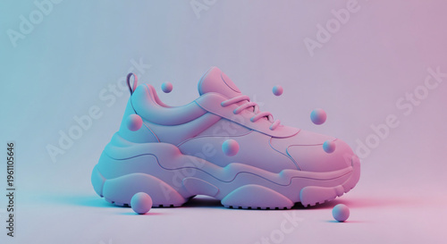 Unique, 3D sneaker with spherical accents on a white background