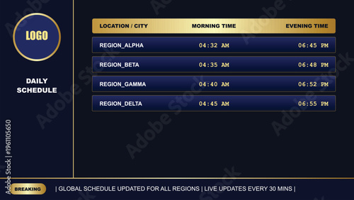 Daily schedule table with morning and evening times for regions