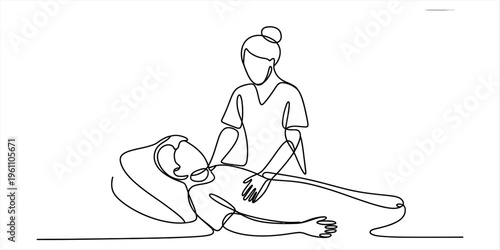 Continuous line drawing of a caring nurse attending to a patient lying in a hospital bed Vector, illustration
