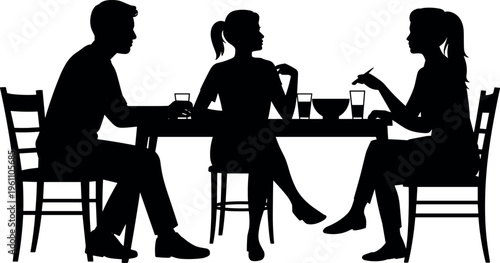 Group of friends dining silhouettes at restaurant table, social gathering with conversation, food and drinks, lifestyle interaction and casual meeting scene
