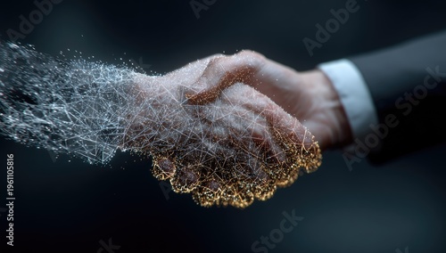 Two hands, one digital and one organic, shaking in agreement