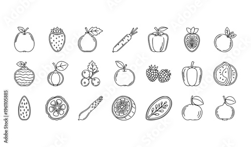 Abstract fruits vegetables and nuts coloring outline set of 17 vector illustration isolated on white background