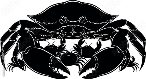 Black and white illustration of crabs carrying smaller crab figures