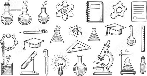 Science Education Doodle Icon Set with Laboratory Equipment, Microscope, Atom, Graduation Cap, Notebook, and School Science Elements Vector Illustration