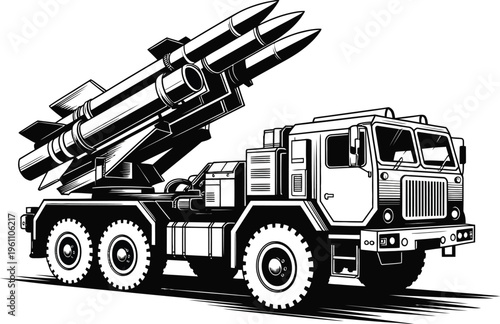 Military missile truck illustration, large defense vehicle carrying three long range missiles representing strategic transport security and modern military technology.