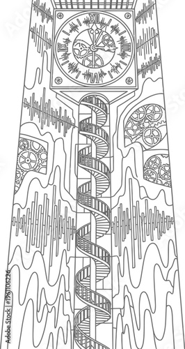 Clock tower interior line art with spiral staircase