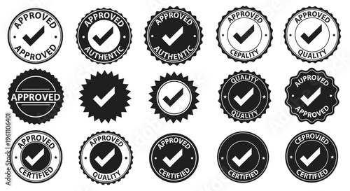 Collection of Approved Authentic Quality Certified Stamp Icons with Checkmarks, isolated white background