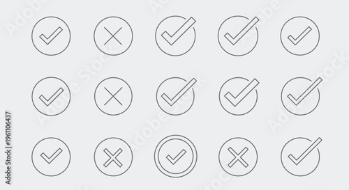 Collection of Outline Checkmark and Cross Icons in Circles on a Light Gray Background in a Bright Studio.