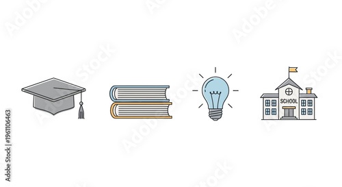 Education icons, graduation cap, books, light bulb, school building