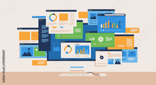 Multiple Computer Screens and Devices Displaying Digital Marketing Dashboards and Web Interfaces in Bright Studio