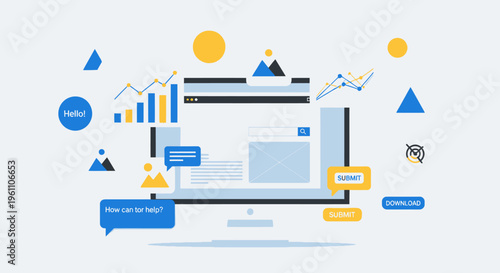 Computer Monitor Displaying Website Interface with Contact Form, Business Charts, and Abstract Elements, Isolated White Background