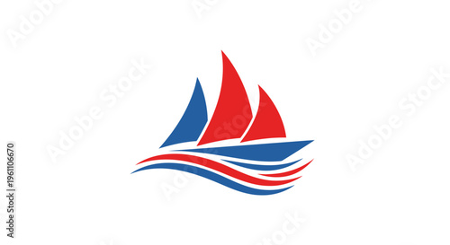 Abstract Sailing Boat Ship Logo Icon Design in Red and Blue Colors, Isolated White Background