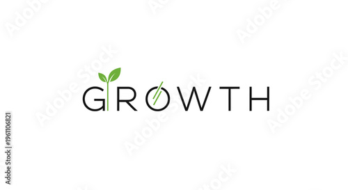 "GROWTH" Text Logo with Green Leaf Icon Symbolizing Natural Development on Isolated White Background