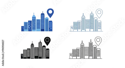city skyline icons with location pins