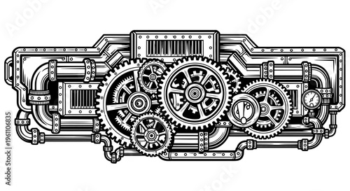 Intricate Steampunk Gears and Mechanical Components Illustration in Black and White Outline on Isolated White Background