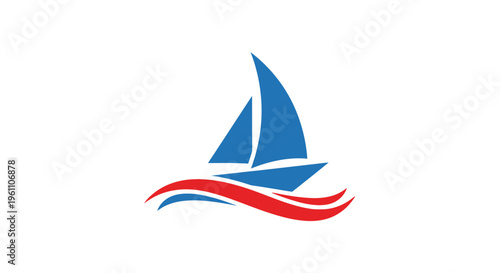 Stylized Red Wave and Blue Sails Sailing Boat Logo on Isolated White Background