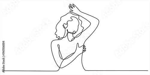 Continuous line drawing of a woman performing a breast self-examination for health awareness Vector, illustration