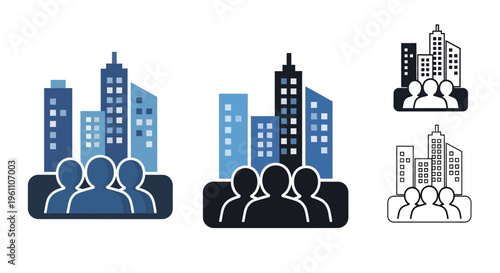 city, people, buildings, icons, set