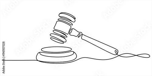 Continuous line drawing of a judge's gavel and sound block representing law and justice Vector, illustration