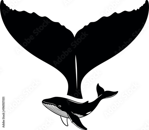 Whale with tail fluke swimming underwater isolated transparent background illustration