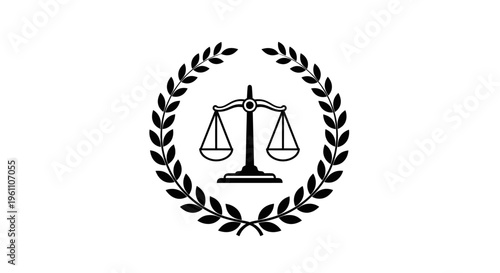 Outline Scales of Justice with Laurel Wreath, Legal Symbol of Equality on Isolated White Background